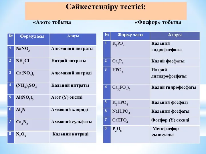 Сәйкестендіру тестісі: «Фосфор» тобына «Азот» тобына