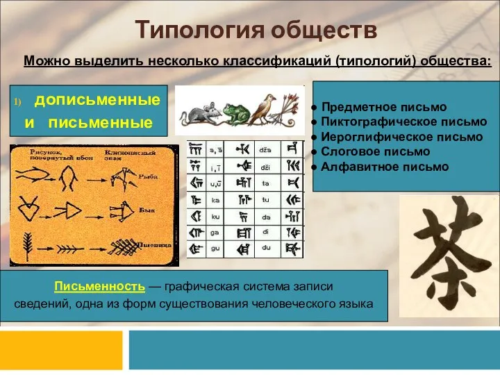 Типология обществ Можно выделить несколько классификаций (типологий) общества: дописьменные и