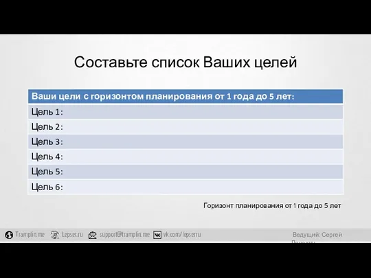 Составьте список Ваших целей Горизонт планирования от 1 года до 5 лет