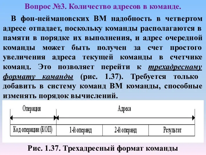 Рис. 1.37. Трехадресный формат команды Вопрос №3. Количество адресов в