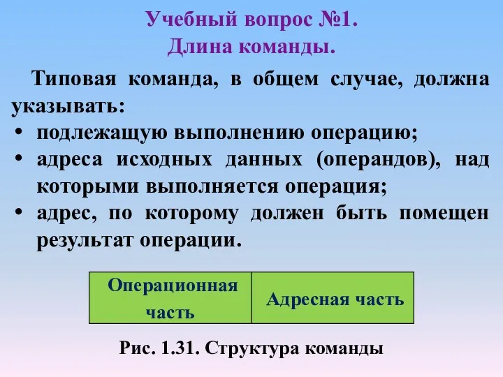 Учебный вопрос №1. Длина команды. Типовая команда, в общем случае,