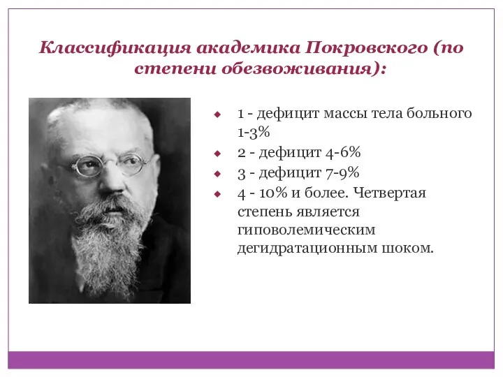 Классификация академика Покровского (по степени обезвоживания): 1 - дефицит массы