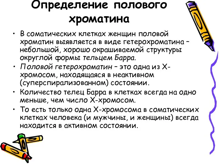 Определение полового хроматина В соматических клетках женщин половой хроматин выявляется