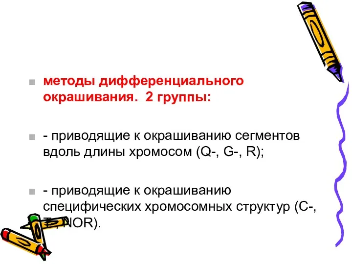 методы дифференциального окрашивания. 2 группы: - приводящие к окрашиванию сегментов