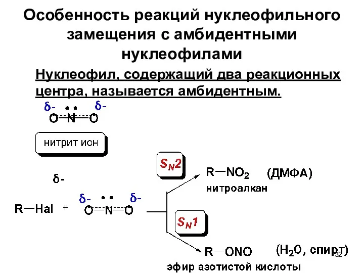 Особенность реакций нуклеофильного замещения с амбидентными нуклеофилами Нуклеофил, содержащий два реакционных центра, называется амбидентным.