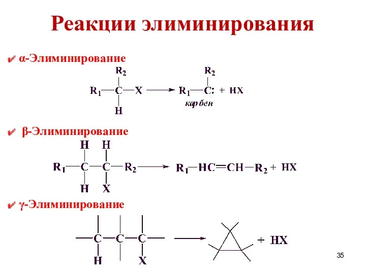 Реакции элиминирования α-Элиминирование β-Элиминирование γ-Элиминирование