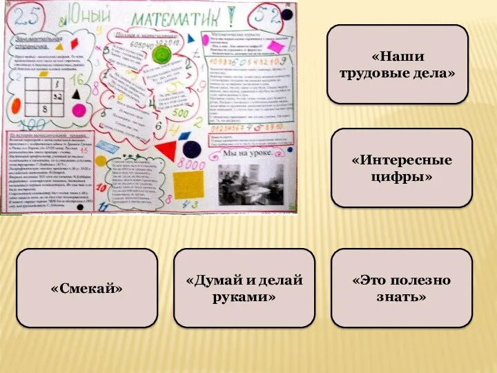 «Наши трудовые дела» «Интересные цифры» «Думай и делай руками» «Смекай» «Это полезно знать»