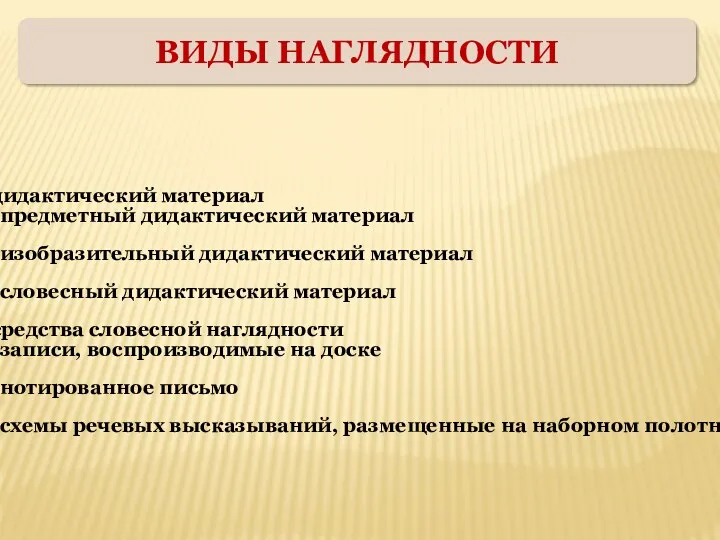 ВИДЫ НАГЛЯДНОСТИ дидактический материал предметный дидактический материал изобразительный дидактический материал