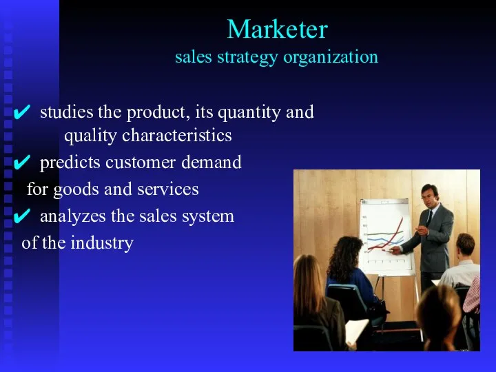 Marketer sales strategy organization studies the product, its quantity and