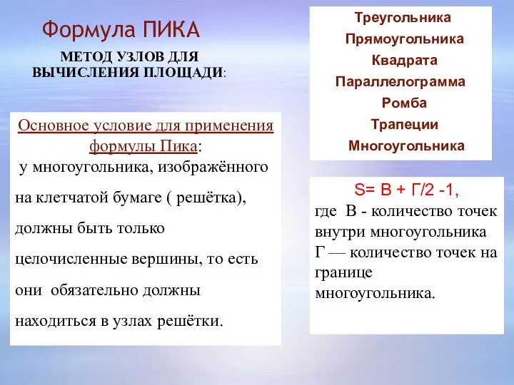 Формула ПИКА МЕТОД УЗЛОВ ДЛЯ ВЫЧИСЛЕНИЯ ПЛОЩАДИ: Треугольника Прямоугольника Квадрата