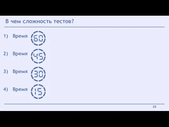 В чем сложность тестов? Время Время Время Время