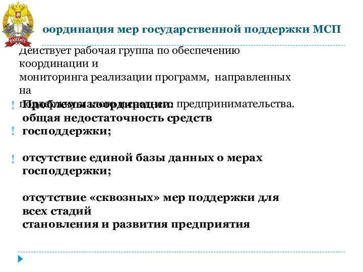 Координация мер государственной поддержки МСП Действует рабочая группа по обеспечению