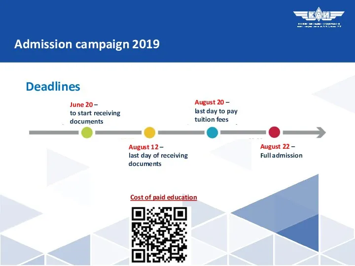 Admission campaign 2019 Deadlines June 20 – to start receiving documents August 12