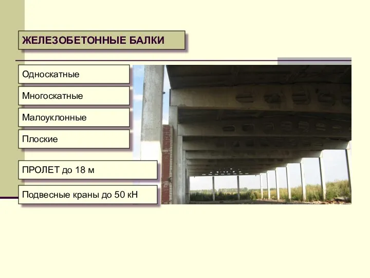 ЖЕЛЕЗОБЕТОННЫЕ БАЛКИ Односкатные Многоскатные Малоуклонные Плоские ПРОЛЕТ до 18 м Подвесные краны до 50 кН