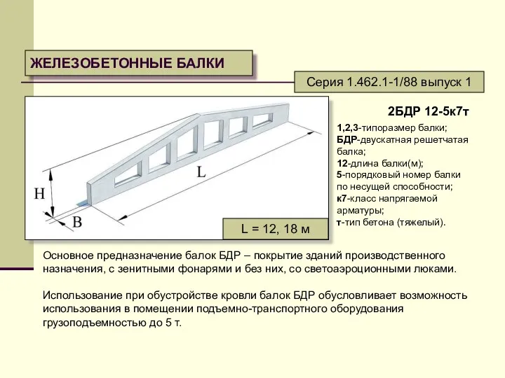 ЖЕЛЕЗОБЕТОННЫЕ БАЛКИ Серия 1.462.1-1/88 выпуск 1 Основное предназначение балок БДР