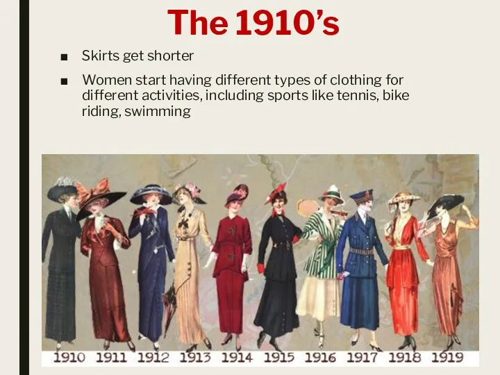 The 1910’s Skirts get shorter Women start having different types