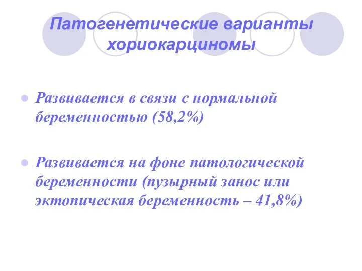 Патогенетические варианты хориокарциномы Развивается в связи с нормальной беременностью (58,2%)