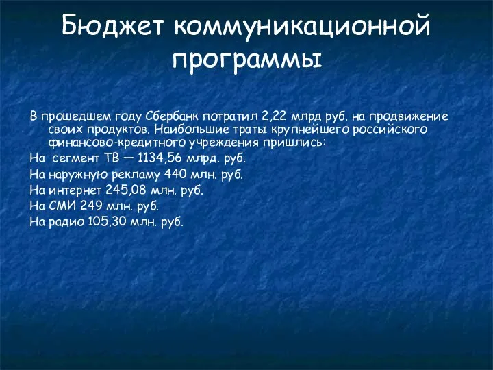 Бюджет коммуникационной программы В прошедшем году Сбербанк потратил 2,22 млрд