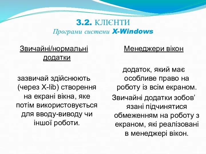 3.2. КЛІЄНТИ Програми системи X-Windows Звичайні/нормальні додатки зазвичай здійснюють (через X-lib) створення на