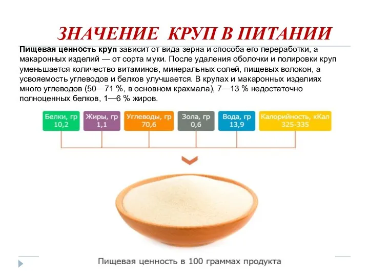 ЗНАЧЕНИЕ КРУП В ПИТАНИИ Пищевая ценность круп зависит от вида