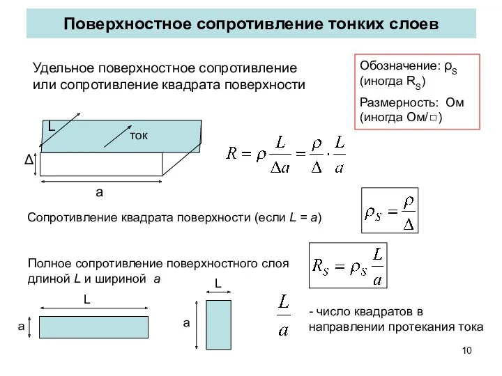 Поверхностное сопротивление тонких слоев Удельное поверхностное сопротивление или сопротивление квадрата