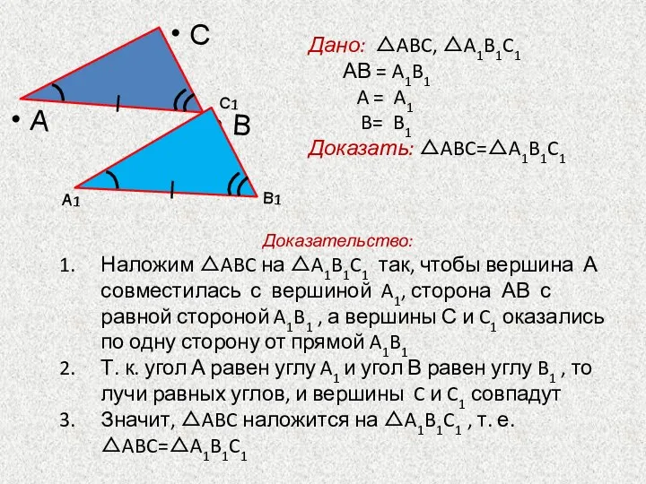 Дано: △ABC, △A1B1C1 АВ = A1B1 A = A1 B= B1 Доказать: △ABC=△A1B1C1