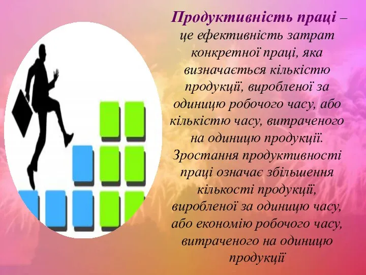 Продуктивність праці – це ефективність затрат конкретної праці, яка визначається