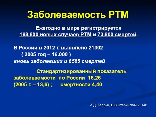 Заболеваемость РТМ В России в 2012 г. выявлено 21302 (