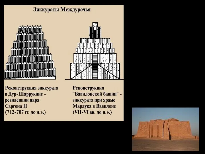 Террасы зиккурата, окрашенные в разные цвета, соединялись лестницами или пандусами,