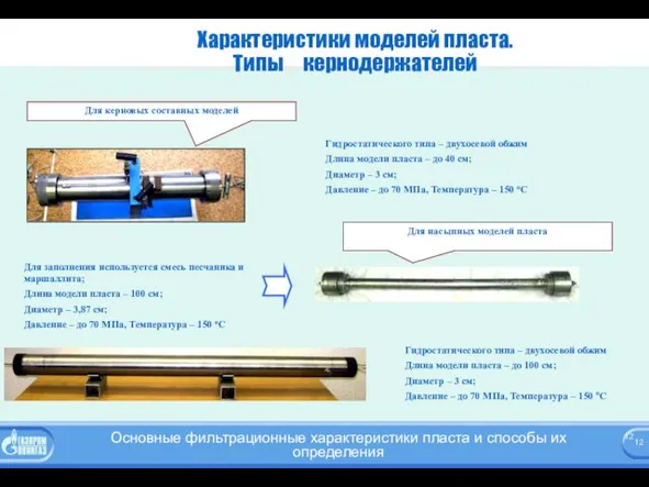 Характеристики моделей пласта. Типы кернодержателей Для керновых составных моделей Для