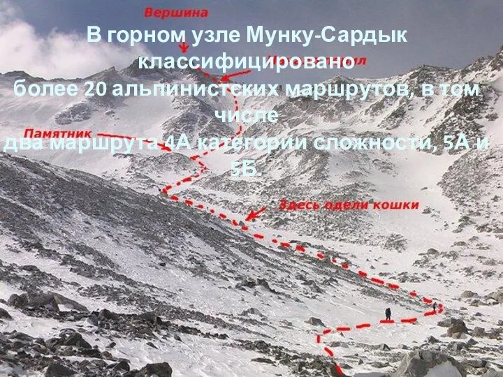 В горном узле Мунку-Сардык классифицировано более 20 альпинистских маршрутов, в