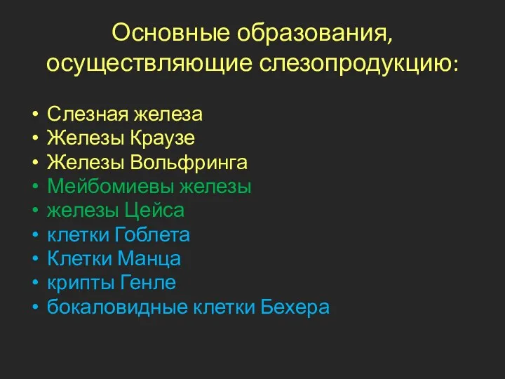 Основные образования, осуществляющие слезопродукцию: Слезная железа Железы Краузе Железы Вольфринга Мейбомиевы железы железы