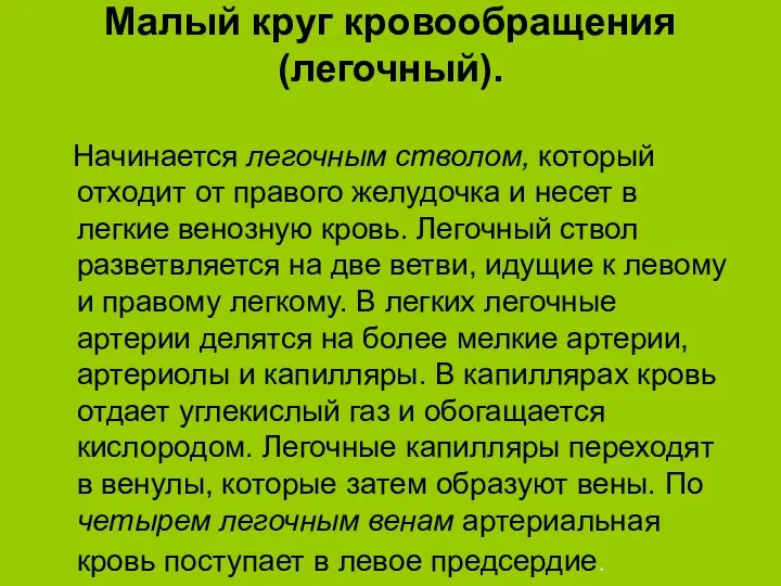 Малый круг кровообращения (легочный). Начинается легочным стволом, который отходит от