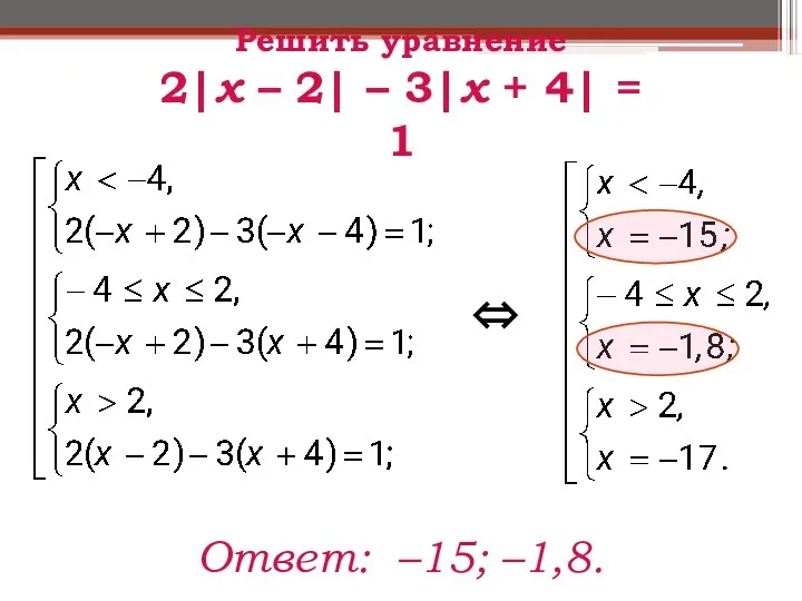 Ответ: –15; –1,8. Решить уравнение 2|x – 2| – 3|х + 4| = 1 ⇔