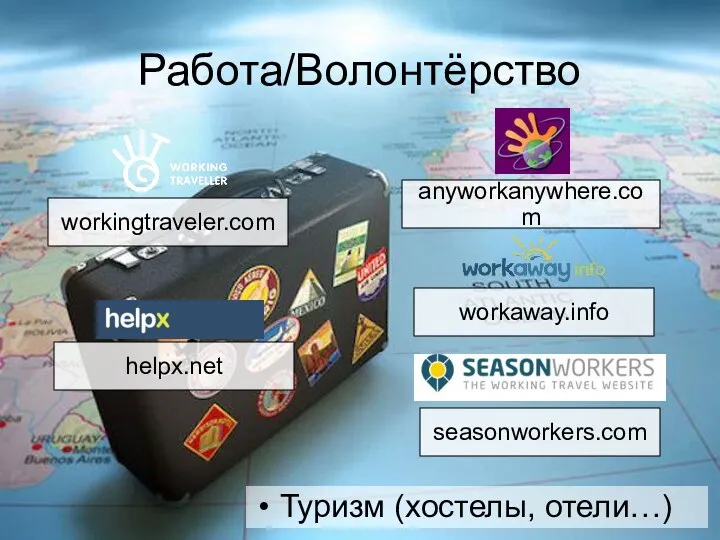 Работа/Волонтёрство workingtraveler.com seasonworkers.com anyworkanywhere.com workaway.info helpx.net Туризм (хостелы, отели…)