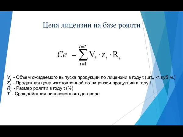 Цена лицензии на базе роялти Vt - Объем ожидаемого выпуска продукции по лицензии