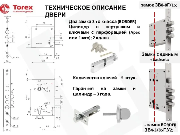 ТЕХНИЧЕСКОЕ ОПИСАНИЕ ДВЕРИ Два замка 3-го класса (BORDER) Цилиндр с