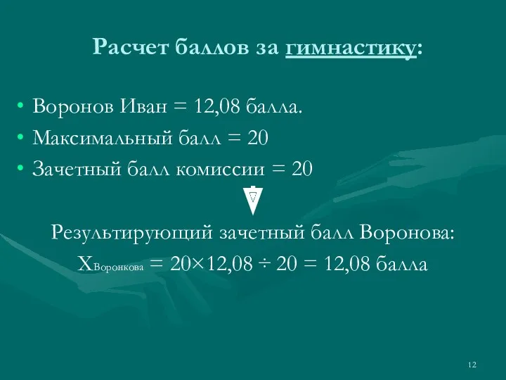 Расчет баллов за гимнастику: Воронов Иван = 12,08 балла. Максимальный