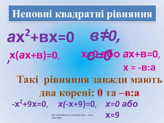 Неповні квадратні рівняння ах2+вх=0, -х2+9х=0, в≠0, с=0 Такі рівняння завжди