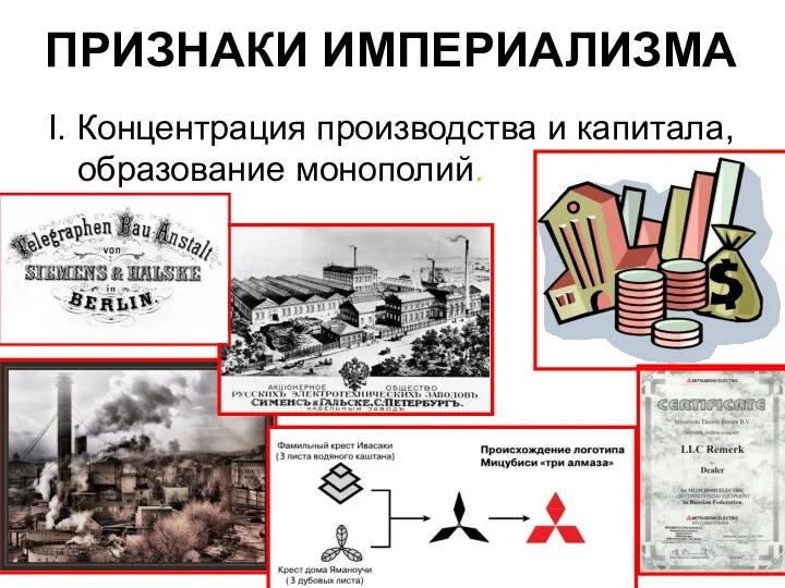 ПРИЗНАКИ ИМПЕРИАЛИЗМА I. Концентрация производства и капитала, образование монополий.