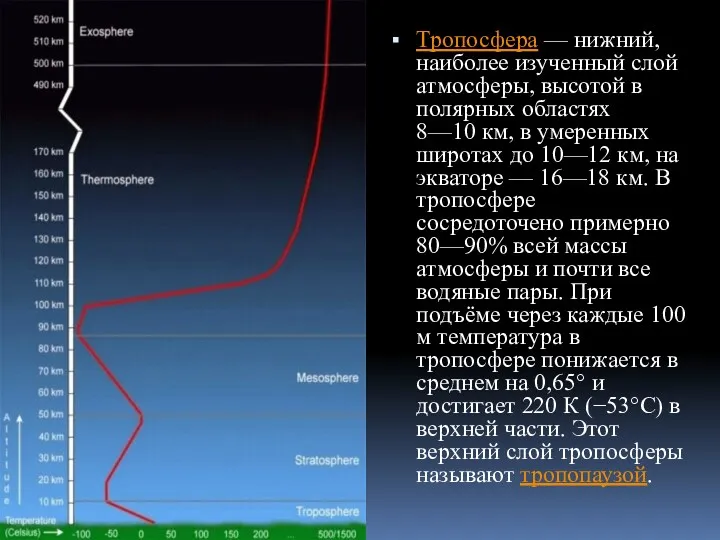 Тропосфера — нижний, наиболее изученный слой атмосферы, высотой в полярных