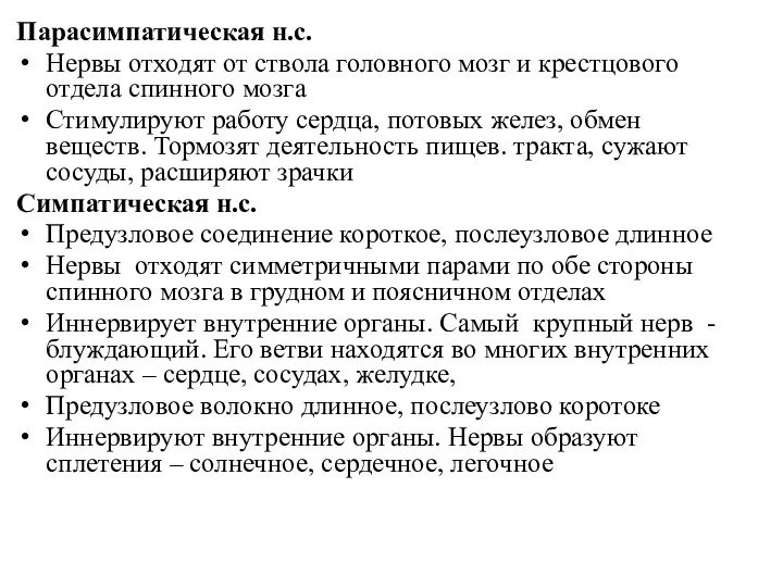 Парасимпатическая н.с. Нервы отходят от ствола головного мозг и крестцового