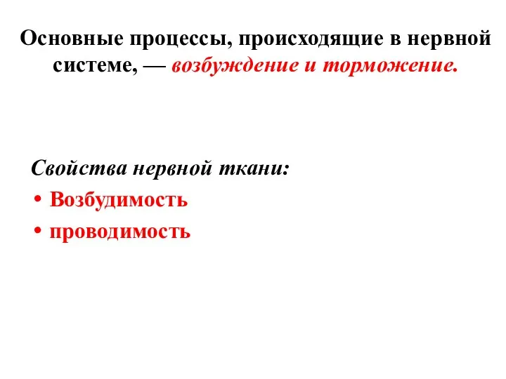 Основные процессы, происходящие в нервной системе, — возбуждение и торможение. Свойства нервной ткани: Возбудимость проводимость