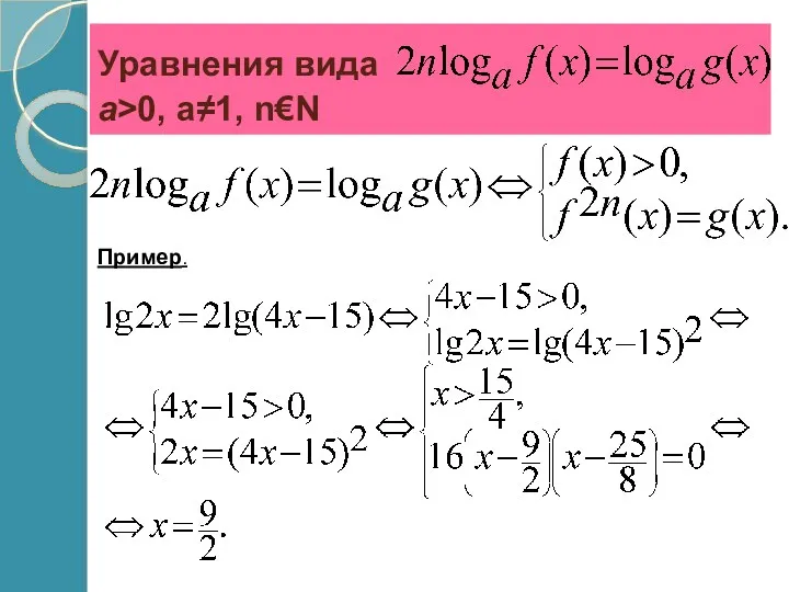 Уравнения вида a>0, a≠1, n€N Пример.