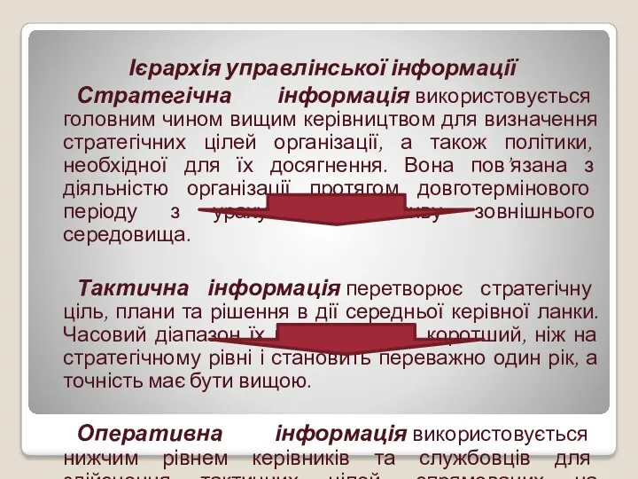 Ієрархія управлінської інформації Стратегічна інформація використовується головним чином вищим керівництвом