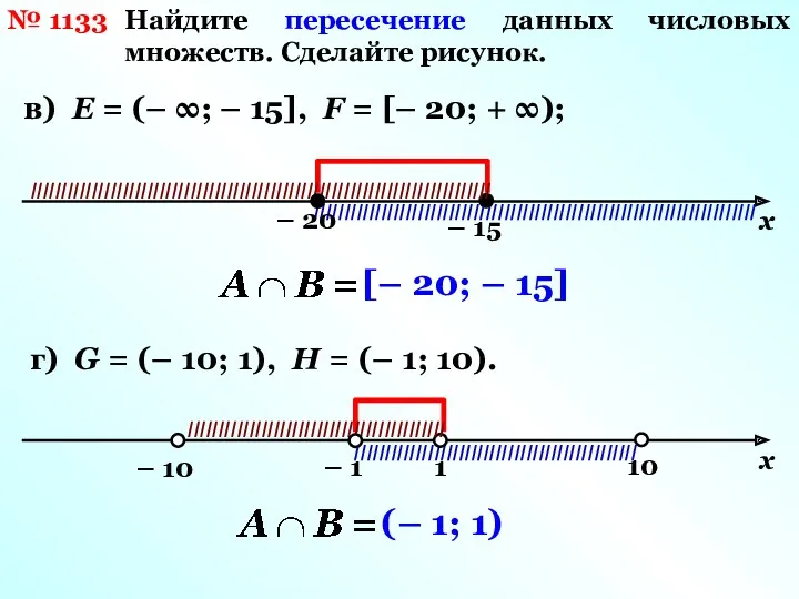 № 1133 Найдите пересечение данных числовых множеств. Сделайте рисунок. в)