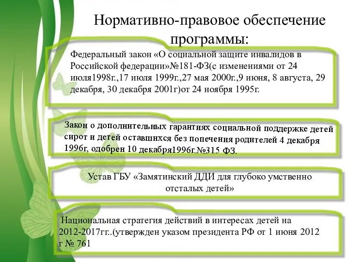 Нормативно-правовое обеспечение программы: Федеральный закон «О социальной защите инвалидов в