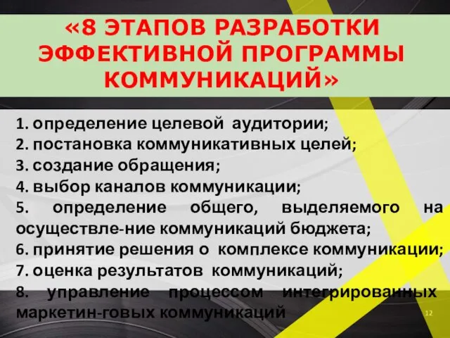 «8 ЭТАПОВ РАЗРАБОТКИ ЭФФЕКТИВНОЙ ПРОГРАММЫ КОММУНИКАЦИЙ» 1. определение целевой аудитории;