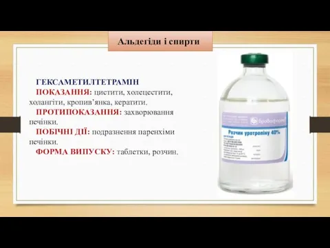 Альдегіди і спирти ГЕКСАМЕТИЛТЕТРАМІН ПОКАЗАННЯ: цистити, холецестити, холангіти, кропив’янка, кератити. ПРОТИПОКАЗАННЯ: захворювання печінки.