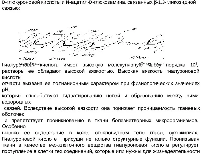 Гиалуроновая кислота построена из дисахаридных остатков, соединенных β-1,4-гликозидными связями. Дисахаридный